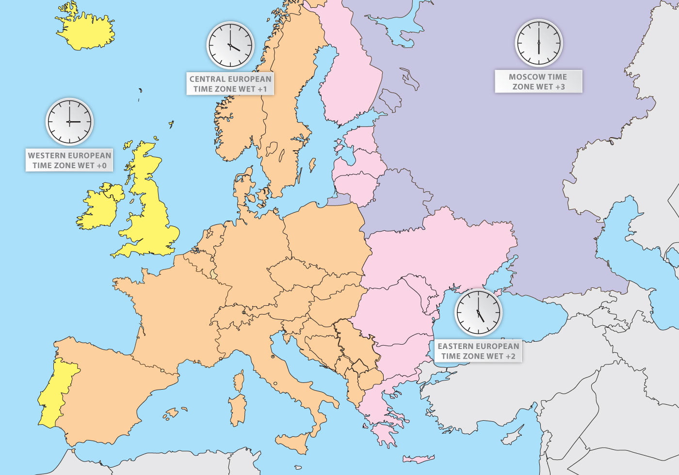 Сколько времени в европе в настоящее время. Карта временных зон Европы. Временные зоны Европы. Карта часовых поясов Европы. Часовые зоны Европы.